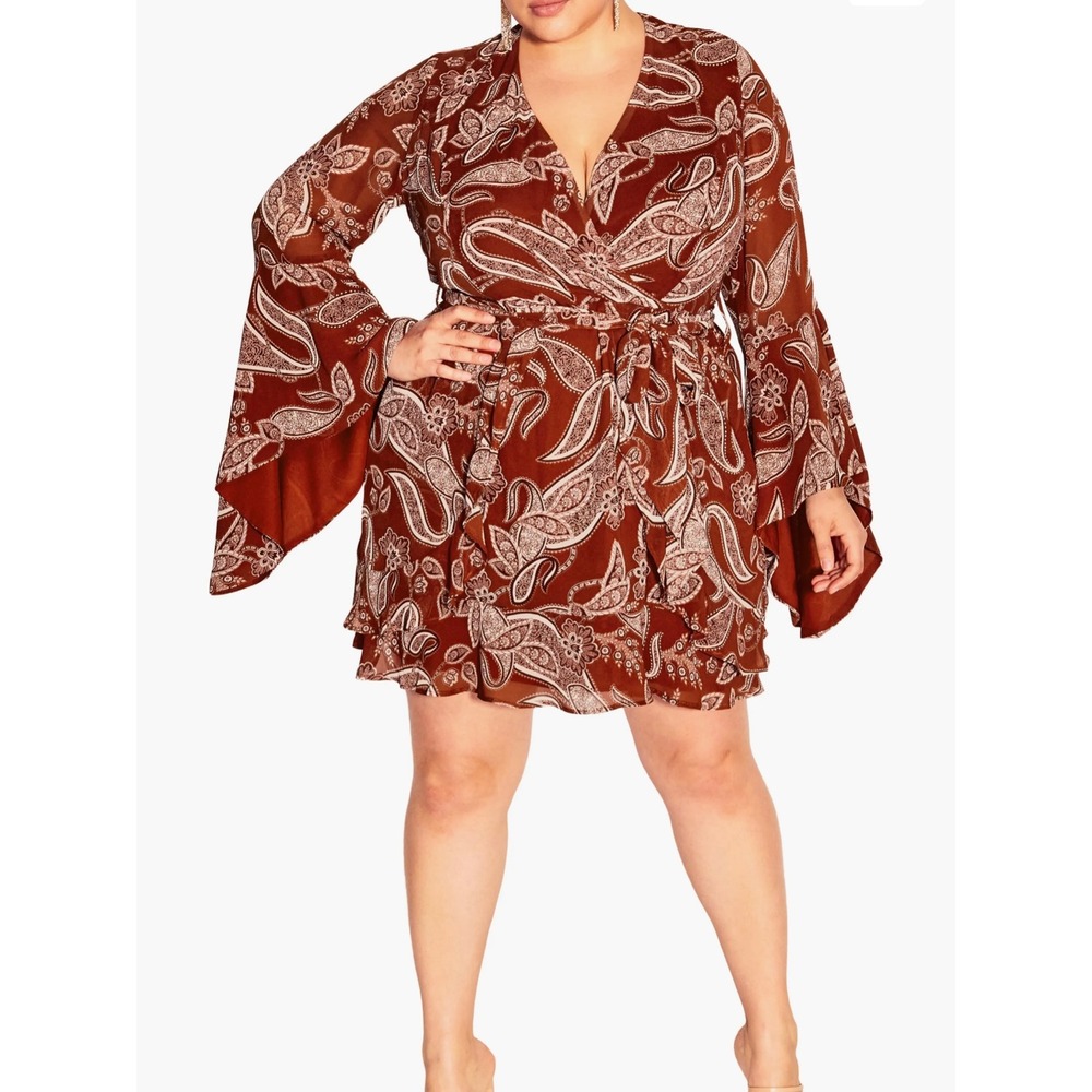 City Chic Ginger Paisley Wrap Mini Dress Rust Bell Sleeve XXS (City Chic‎ size)